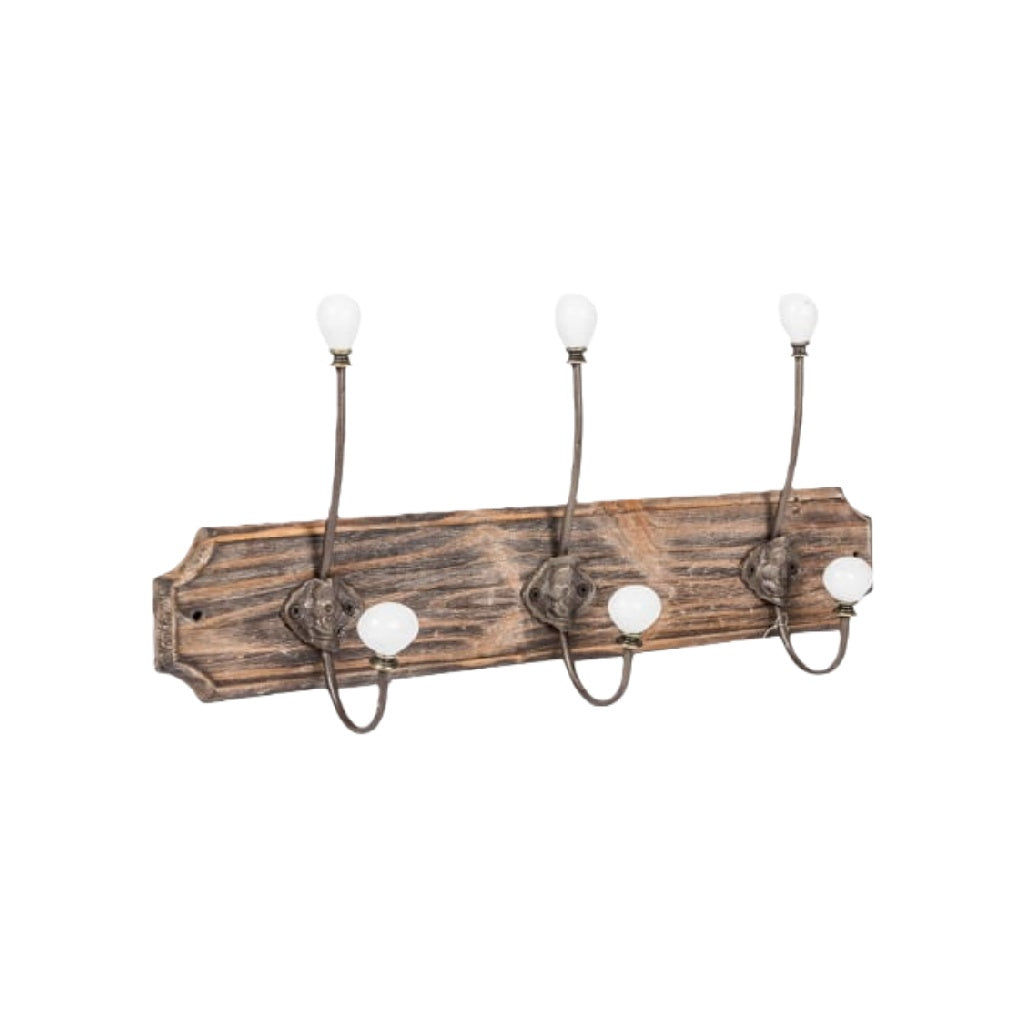 Perchero de pared vintage con 3 ganchos y base de madera